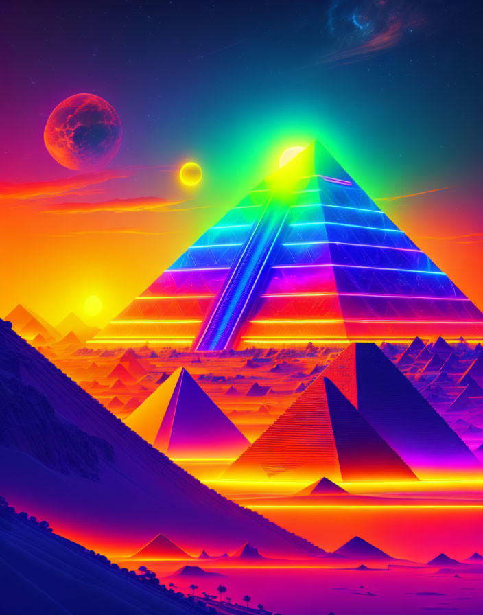 Colorful neon pyramids under surreal sky with celestial bodies and futuristic glowing center.