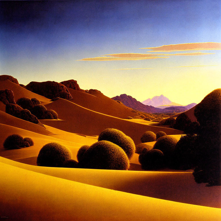 Surreal landscape with golden sand dunes, spherical shrubs, dark mountains