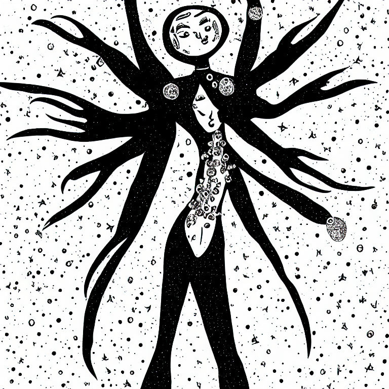 Monochrome abstract drawing of humanoid figure with multiple arms and celestial bodies.