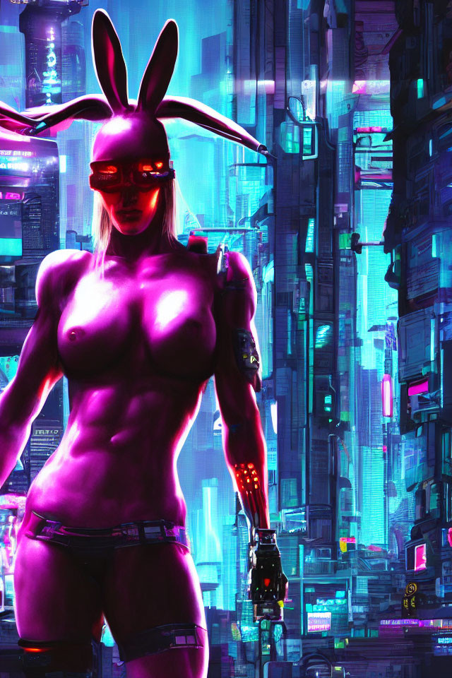 Futuristic cybernetic humanoid with rabbit ears in neon cityscape