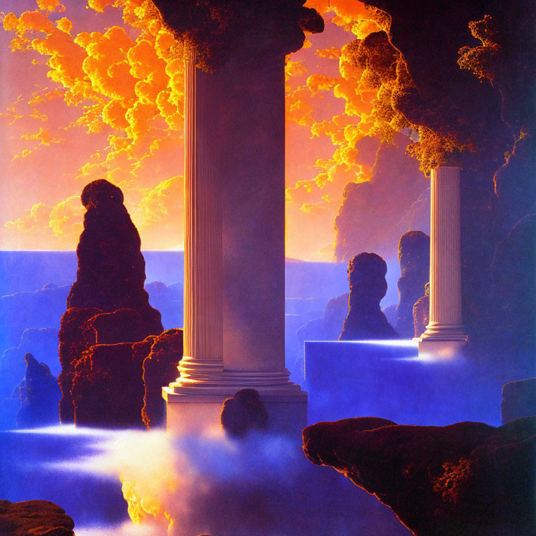 Surreal Landscape with Classical Columns and Fiery Orange Clouds