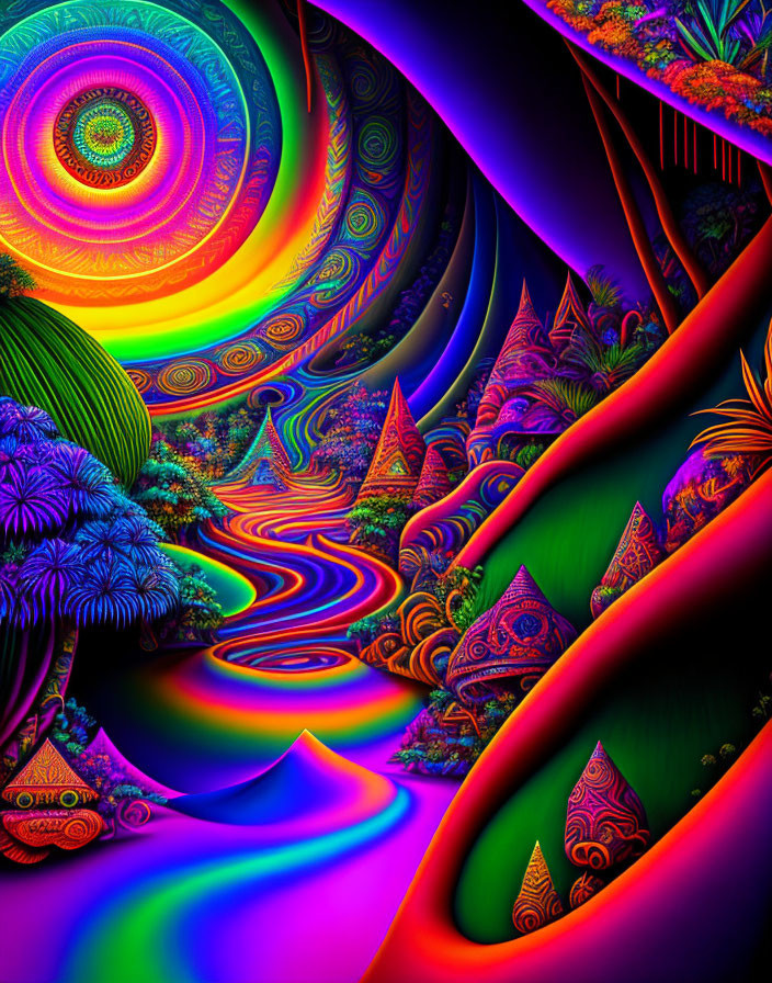 Colorful psychedelic digital artwork with swirling patterns and fractal trees
