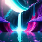Colorful Neon-Lit Waterfall in Alien Landscape