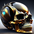 Ornate skull with gold, black details, and emerald on reflective surface