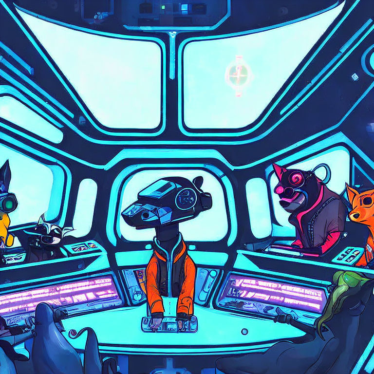 Anthropomorphic Crew in Spaceship Cockpit with Dog, Bear, and Octopus