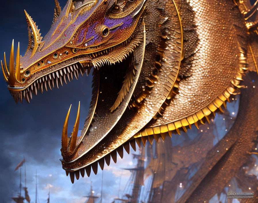 Golden-Scaled Dragon Soaring Above Ships at Twilight