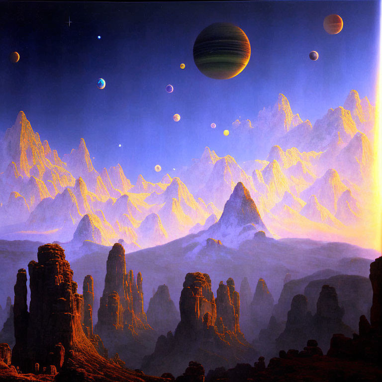 Sci-fi landscape with towering mountains and multiple moons in starry sky