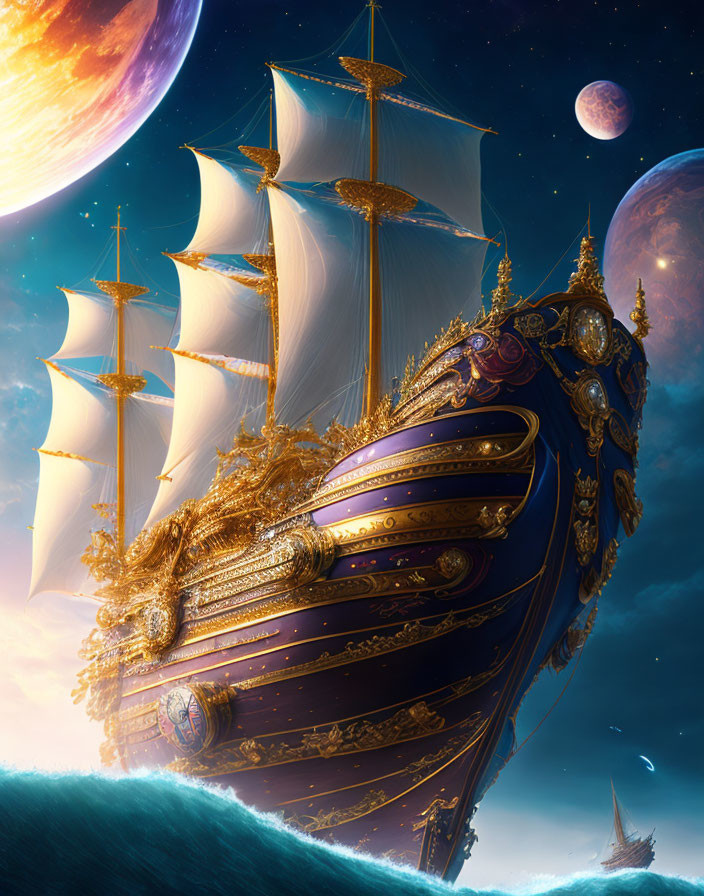 Ornate sailing ship with golden embellishments sailing through cosmic seas