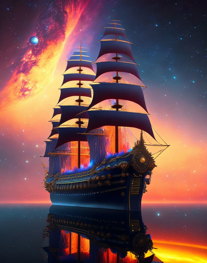 Fantasy ship with glowing sails in cosmic ocean amid starry sky