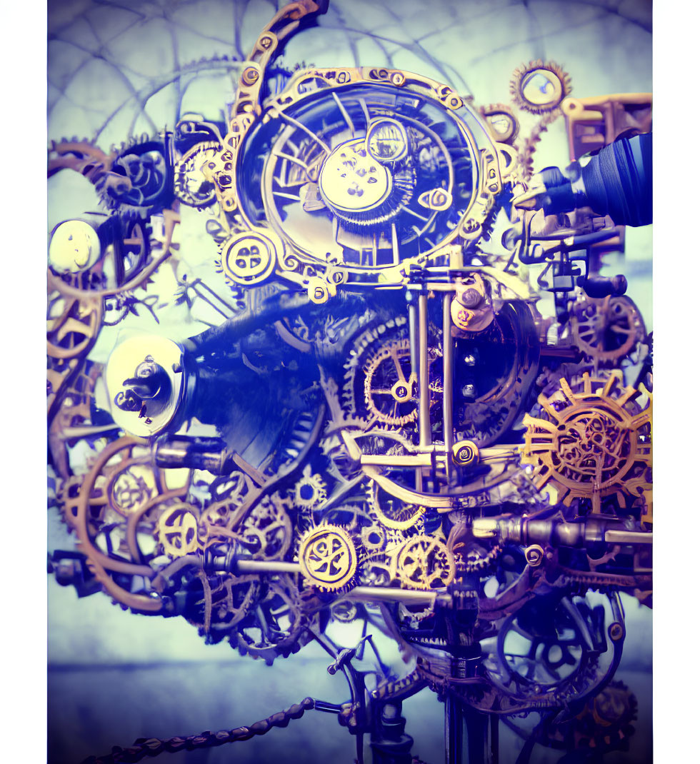 Golden gears and vintage clock mechanisms intertwined in intricate display.