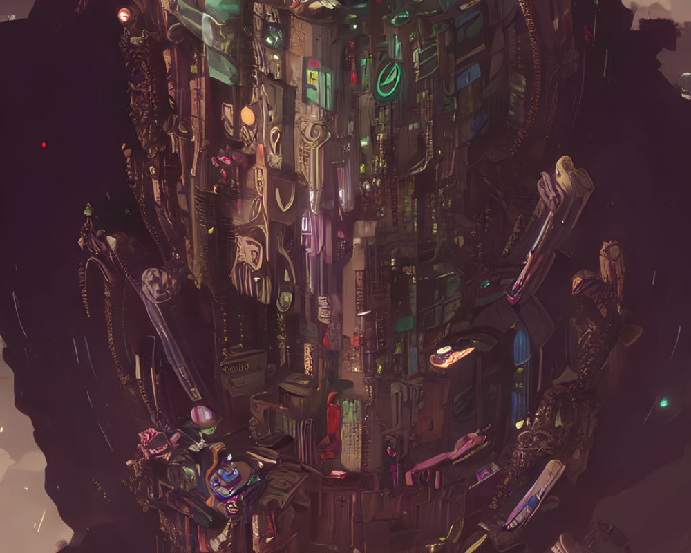 Detailed Cyberpunk Style Floating City Illustration with Neon Signs and Futuristic Structures