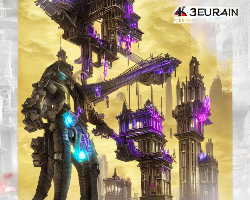 Futuristic cityscape with towering structures and large armored robot entity
