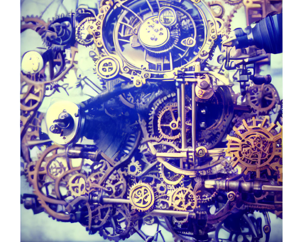 Golden gears and vintage clock mechanisms intertwined in intricate display.