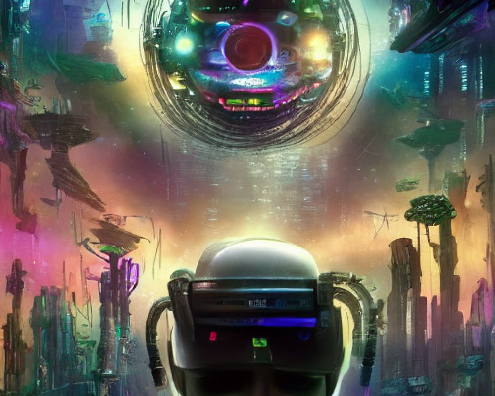 Cybernetic eye dominates futuristic cityscape at night