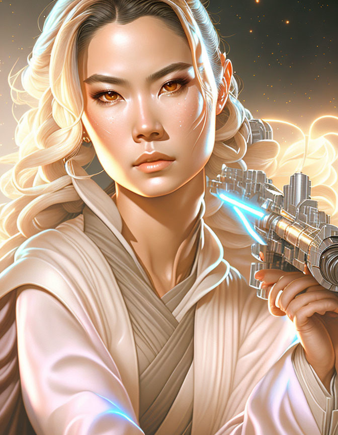 Digital illustration of determined woman with intricate white hair holding futuristic weapon against starry background