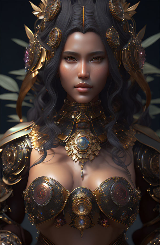 Elaborate gold armor and headdress on woman in digital portrait