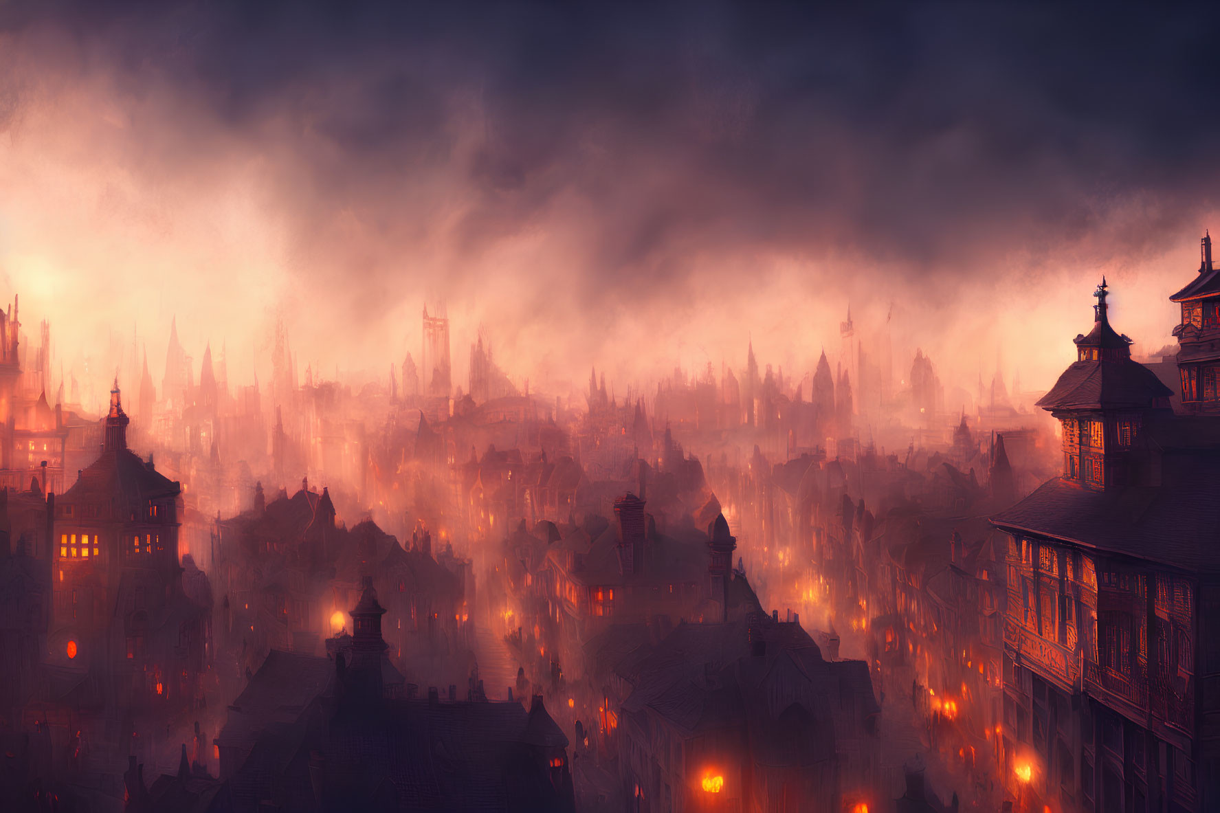 Mystical foggy cityscape at dusk with traditional architecture & glowing lights