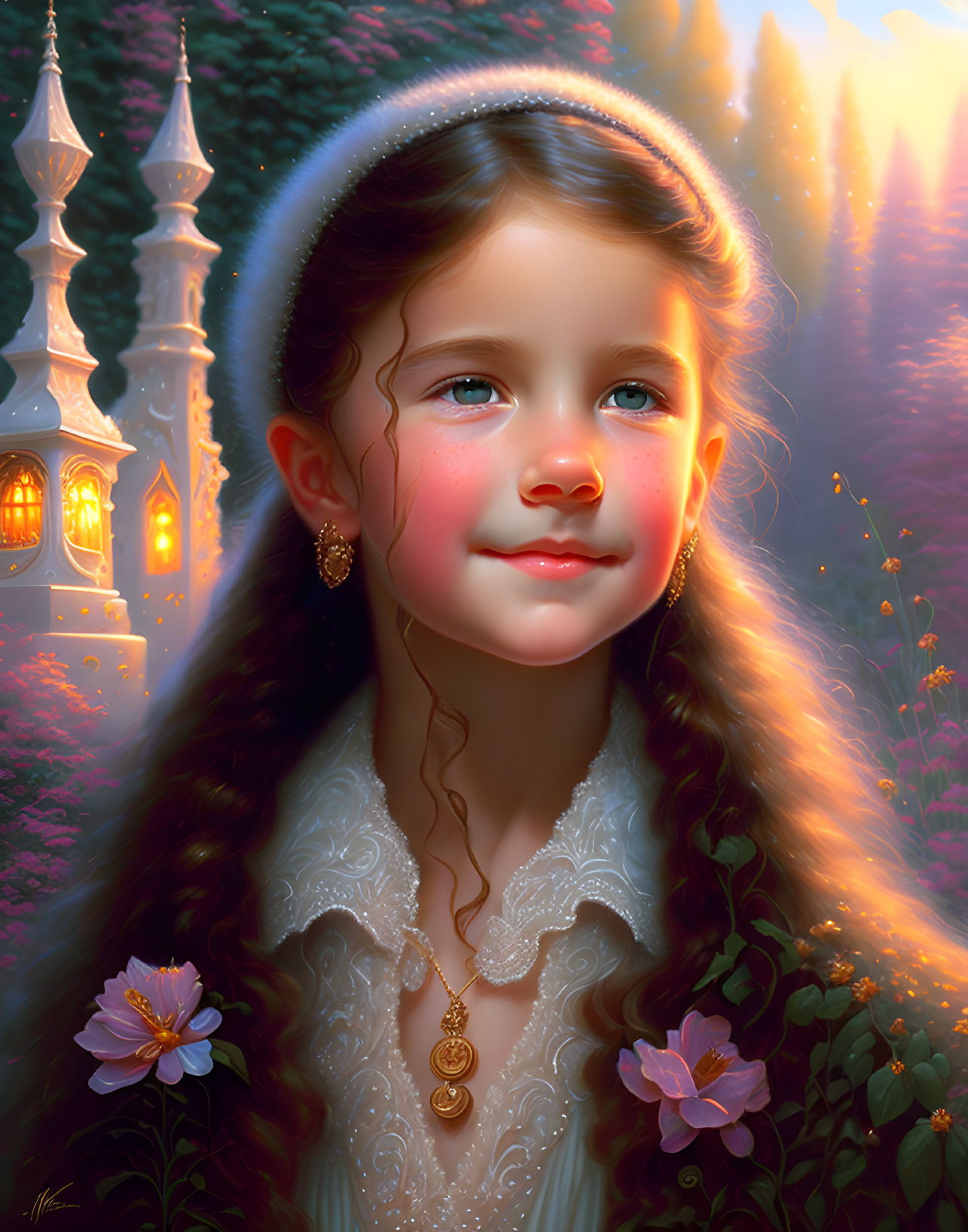Digital painting of serene young girl with halo, ornate jewelry, white dress, illuminated flowers and towers