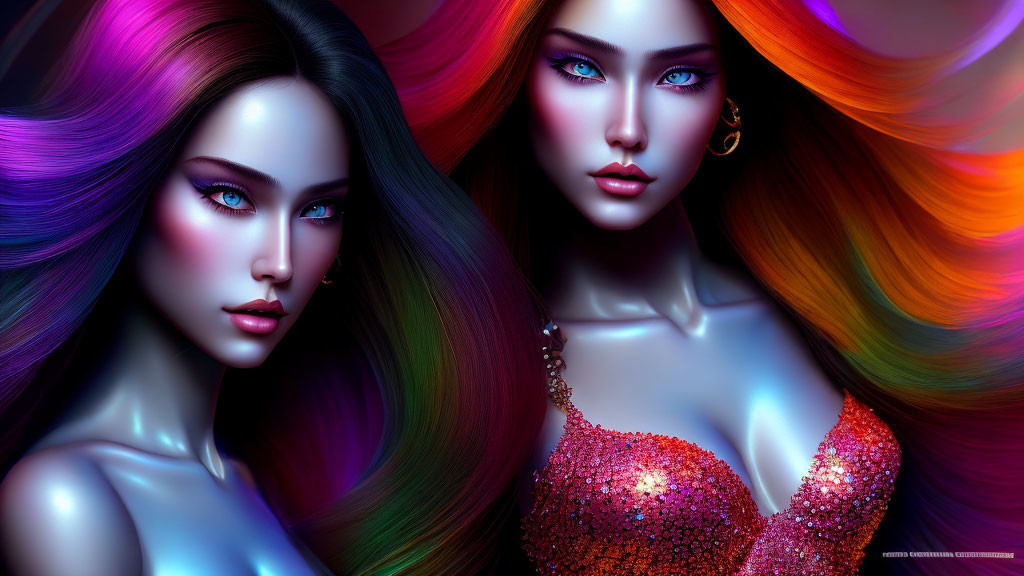 Stylized hyper-realistic female figures with rainbow hair on vibrant background
