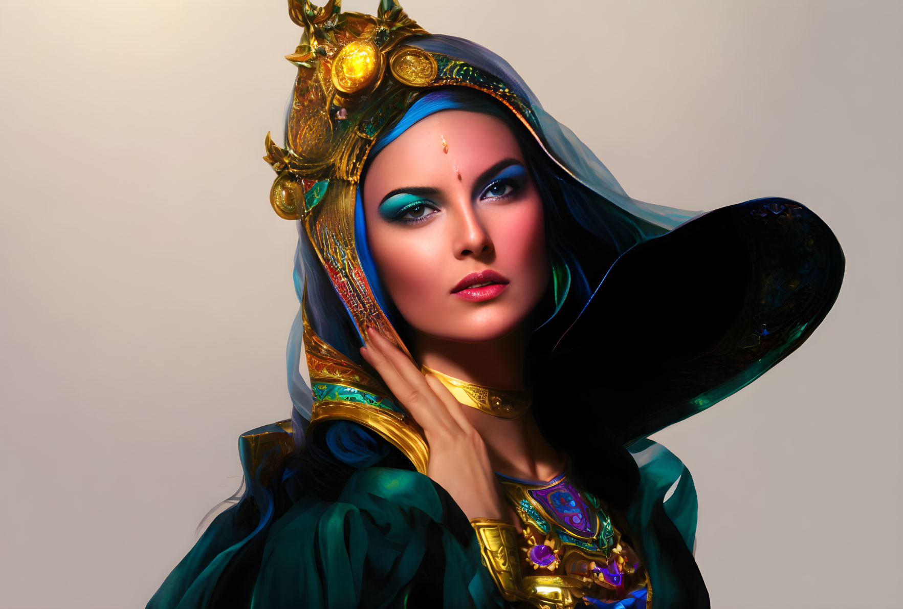 Detailed digital art portrait of woman with blue eyes and ornate headdress in vibrant colors