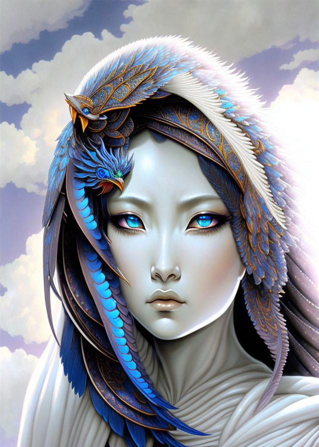 Woman with blue eyes wearing blue and gold feather headdress with bird.