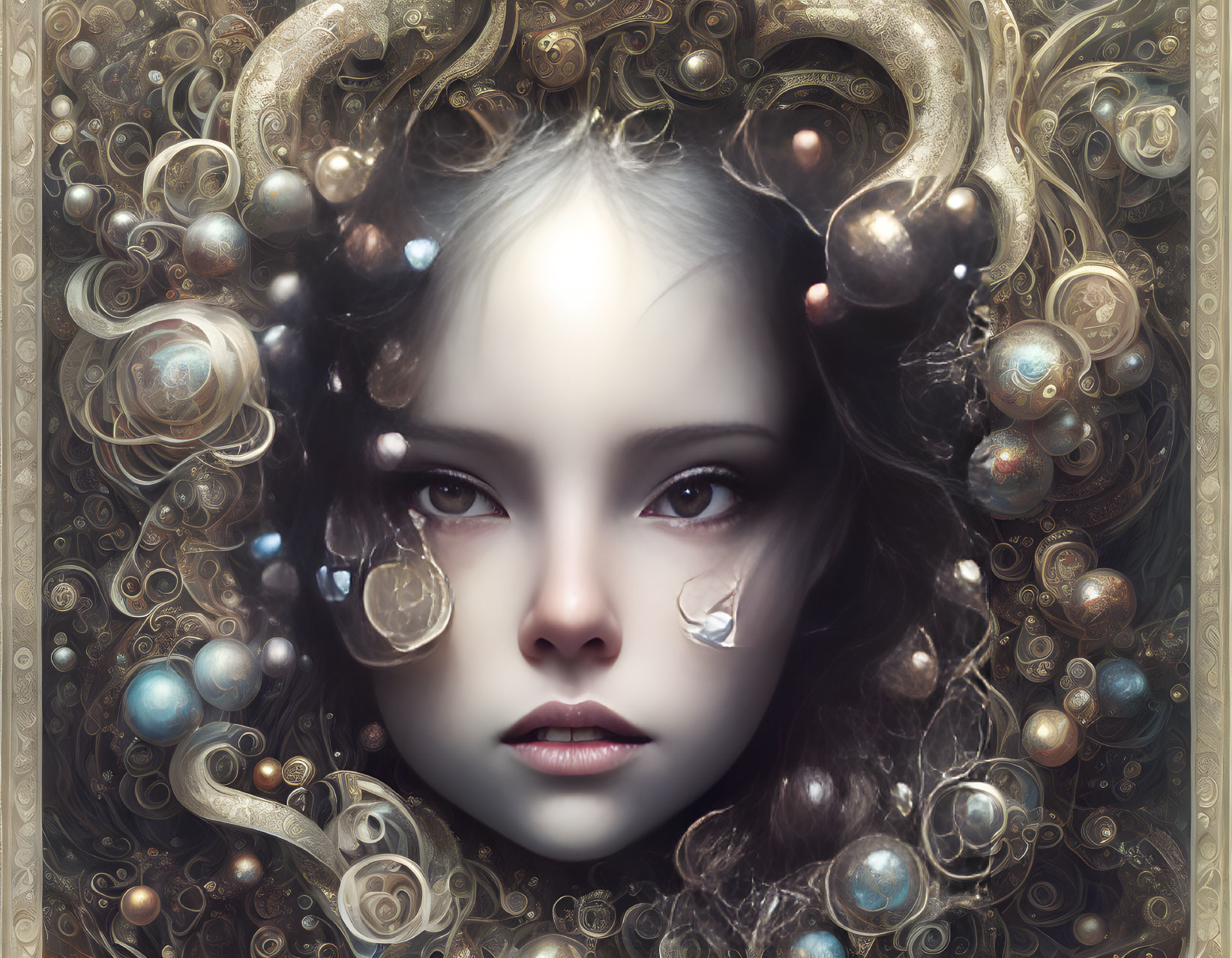 Surreal portrait featuring girl with mystical ornaments and floating orbs.
