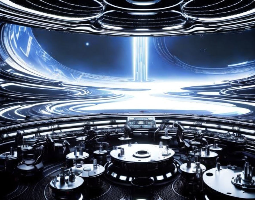 Futuristic spaceship command center interior with circular control panels and holographic display