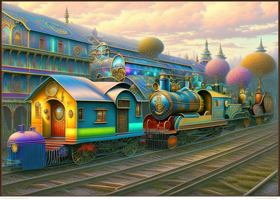 Colorful steam train with intricate patterns in whimsical landscape