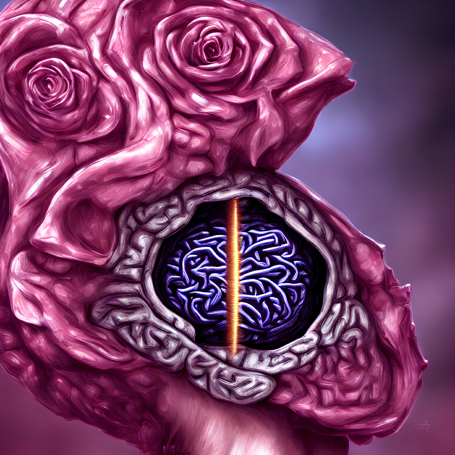 Surreal digital artwork: brain in eye with stone-like rose petals on purple background