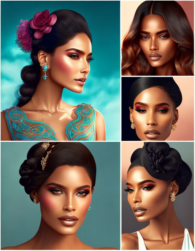 Stylish makeup and elegant hairstyles on five women portraits showcasing beauty and fashion diversity