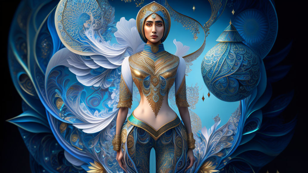 Digital art portrait of a woman in golden armor with swirling blue patterns.