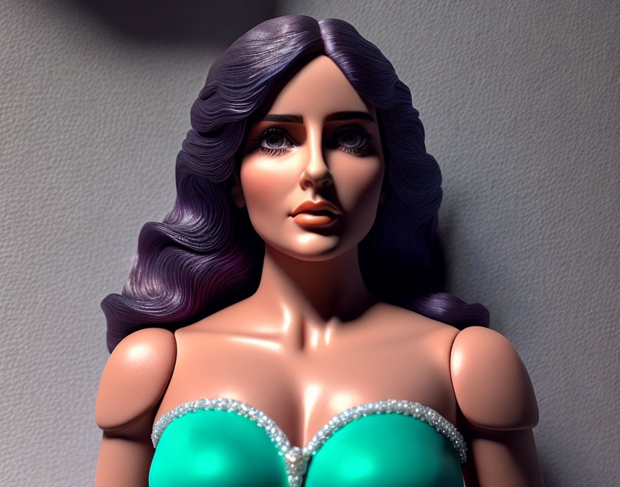 Detailed 3D-rendered doll with purple hair and teal dress