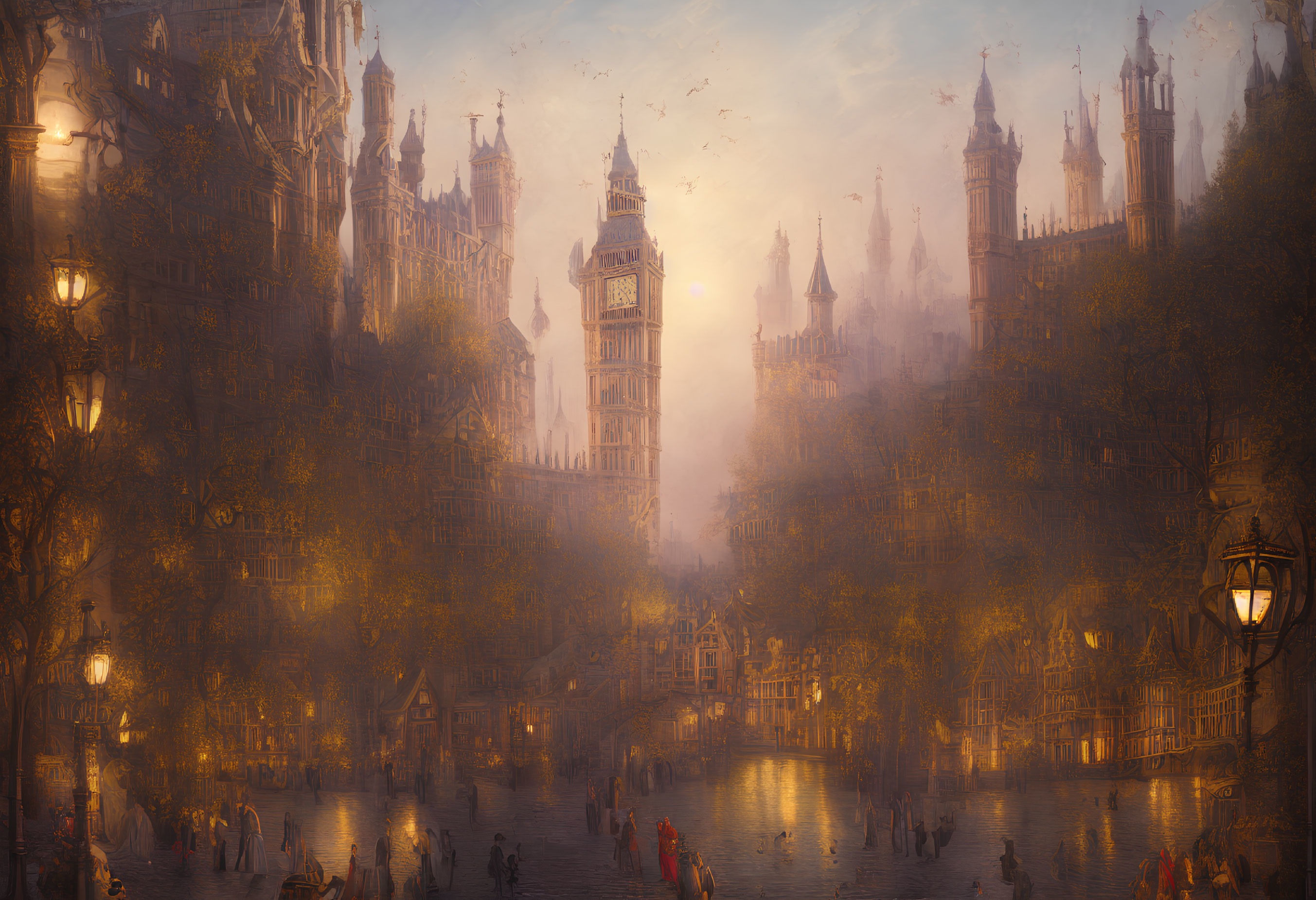 Gothic architecture in fantasy cityscape with warm golden lighting