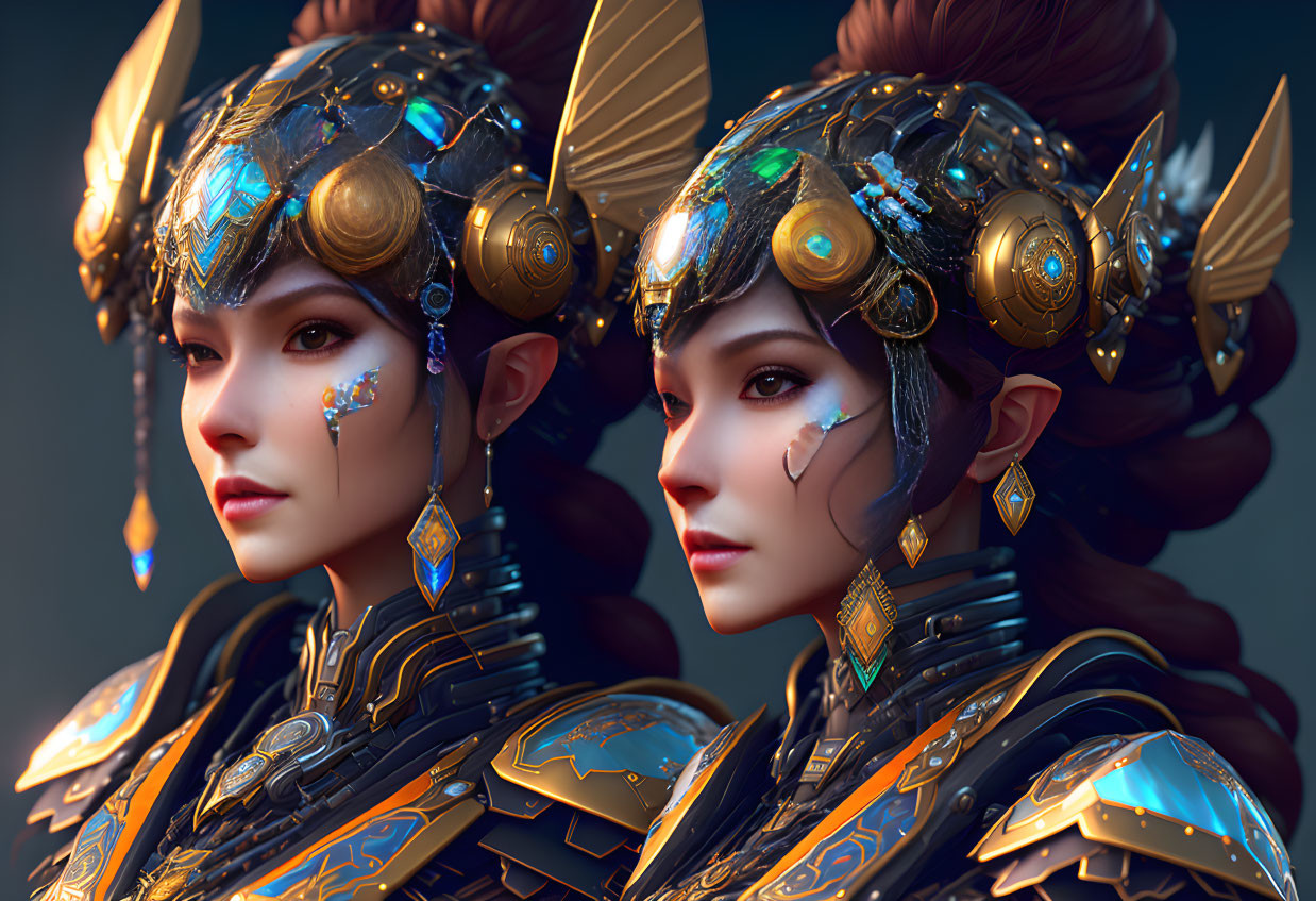 Twin warriors in golden-blue armor with elfin features on moody backdrop