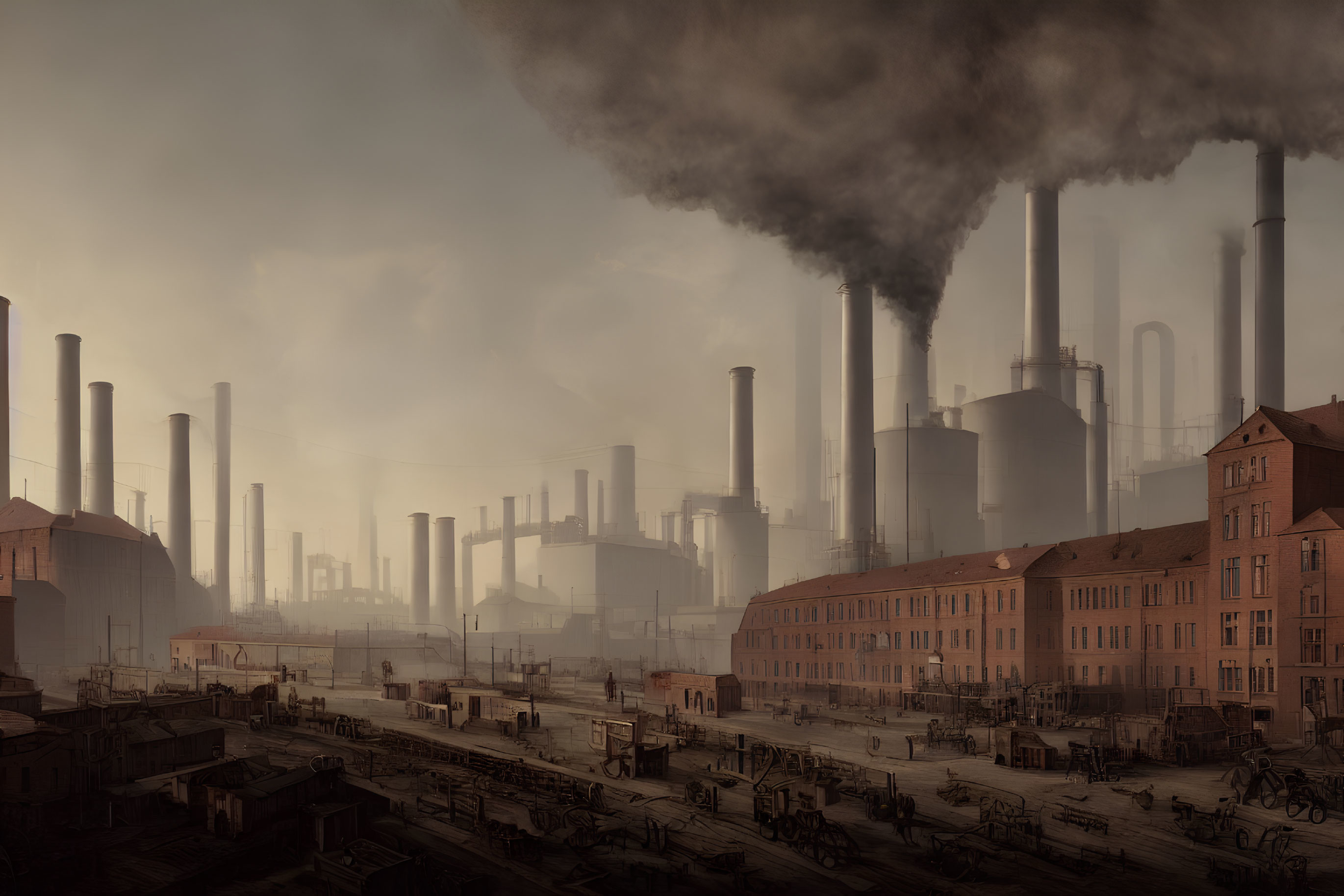 Industrial landscape with smokestacks and hazy sky in city scene.
