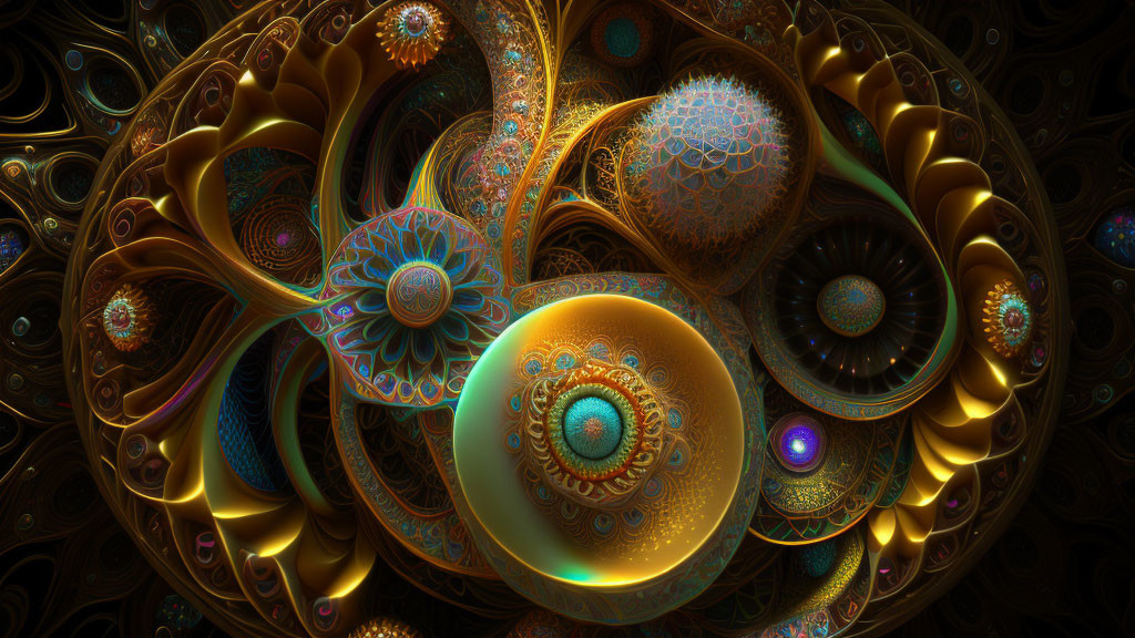 Fractal digital artwork with ornate gold and turquoise patterns