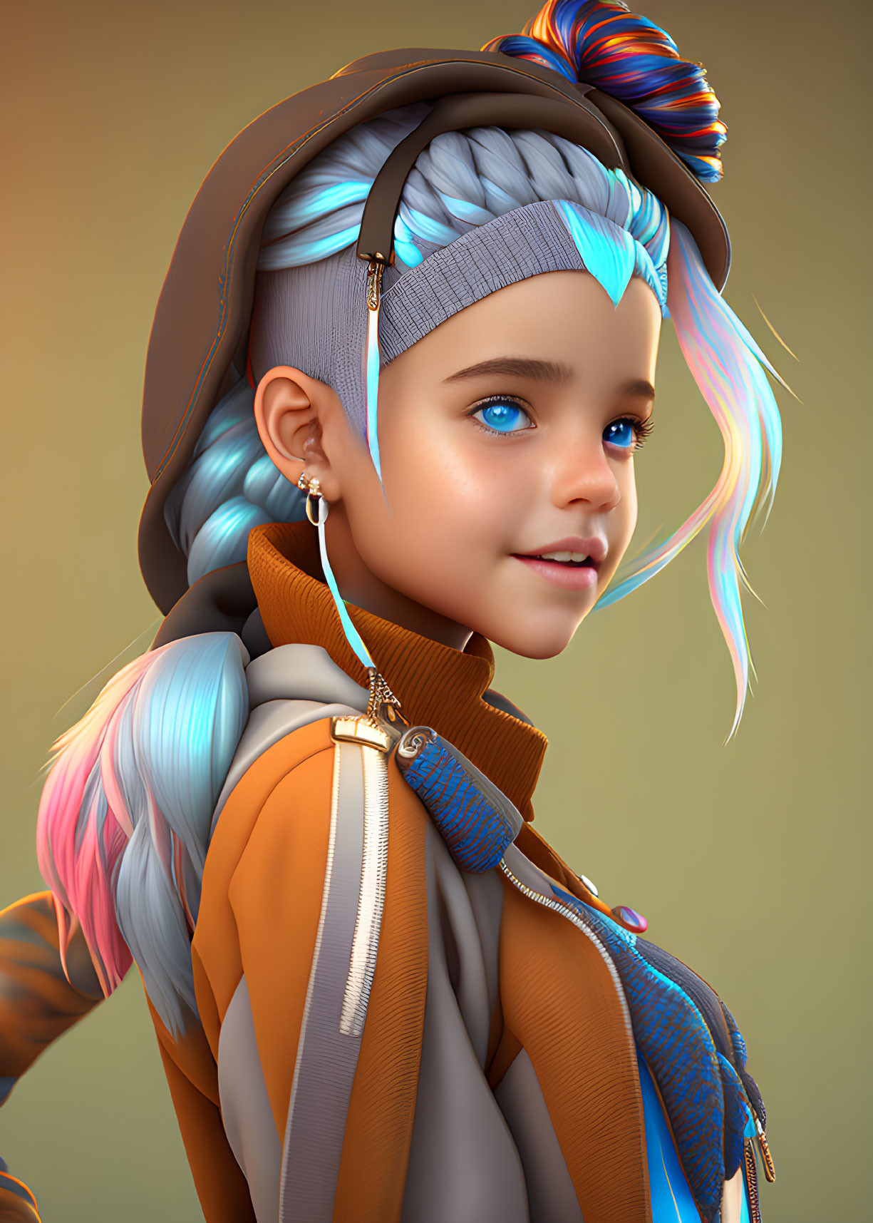 Young girl with blue eyes & colorful braid in digital artwork