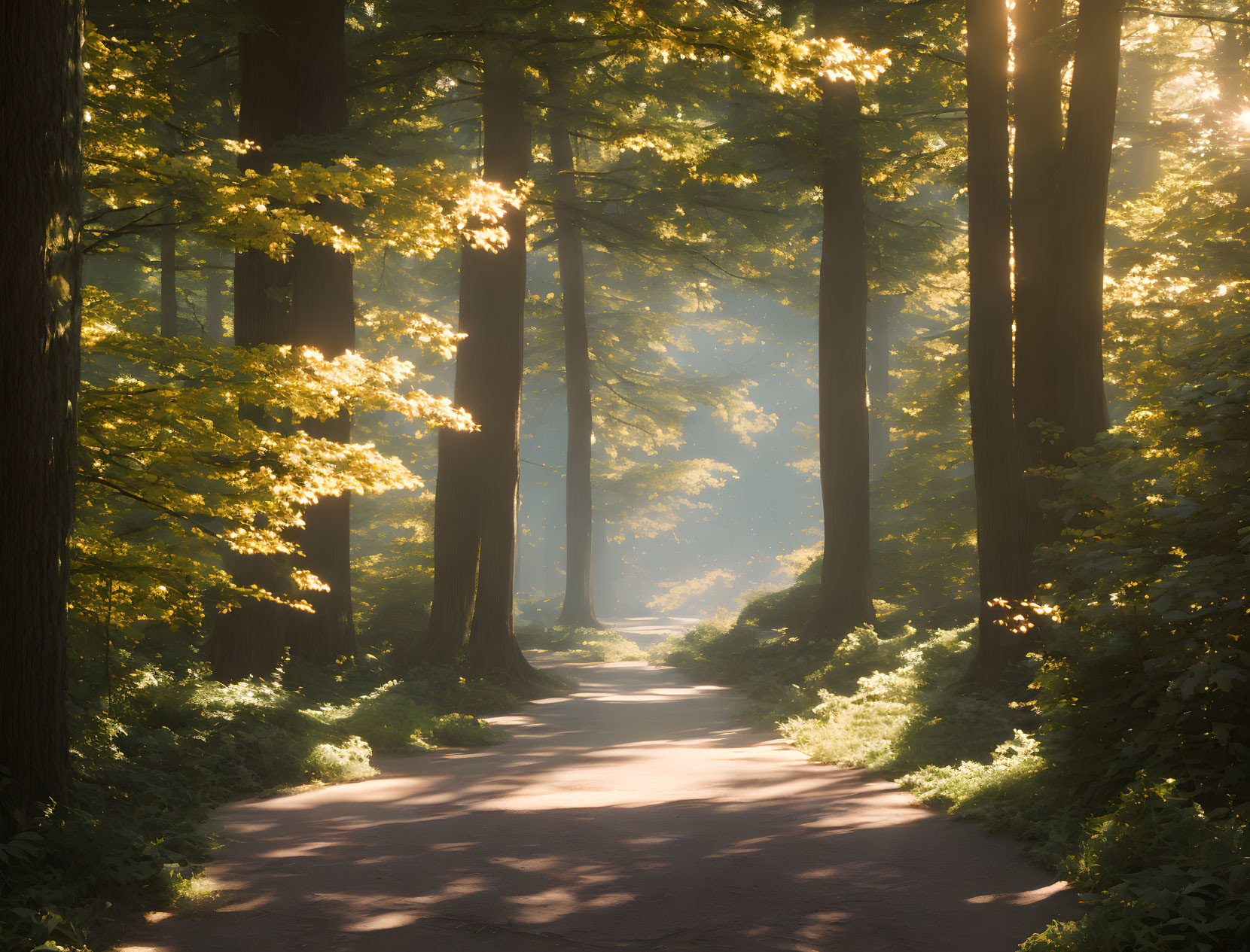 Sunlit Forest Path with Tall Trees and Shadows