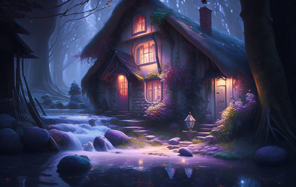 Enchanted forest cottage illustration with glowing lantern