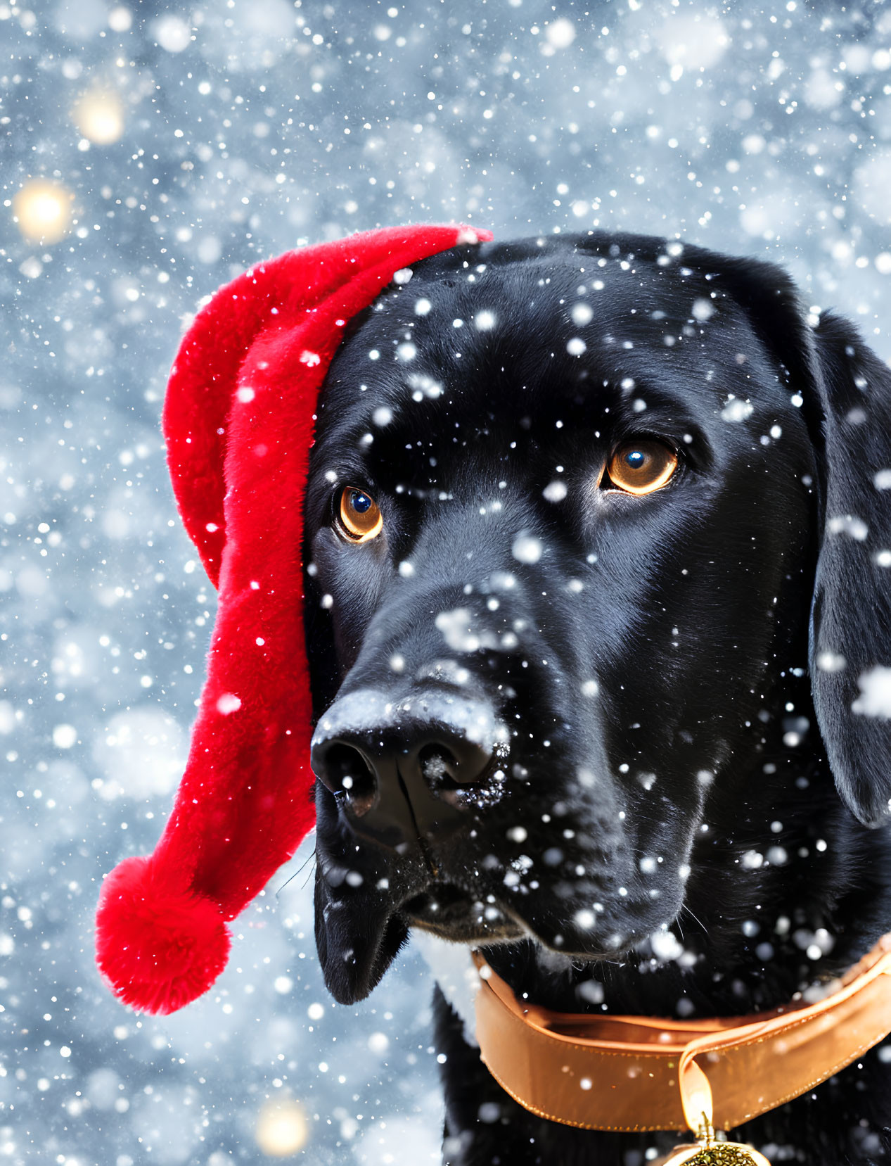 Black Dog in Santa Hat with Falling Snowflakes