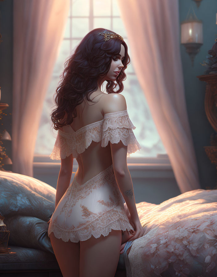 Illustrated woman in white lace outfit by window with soft light.