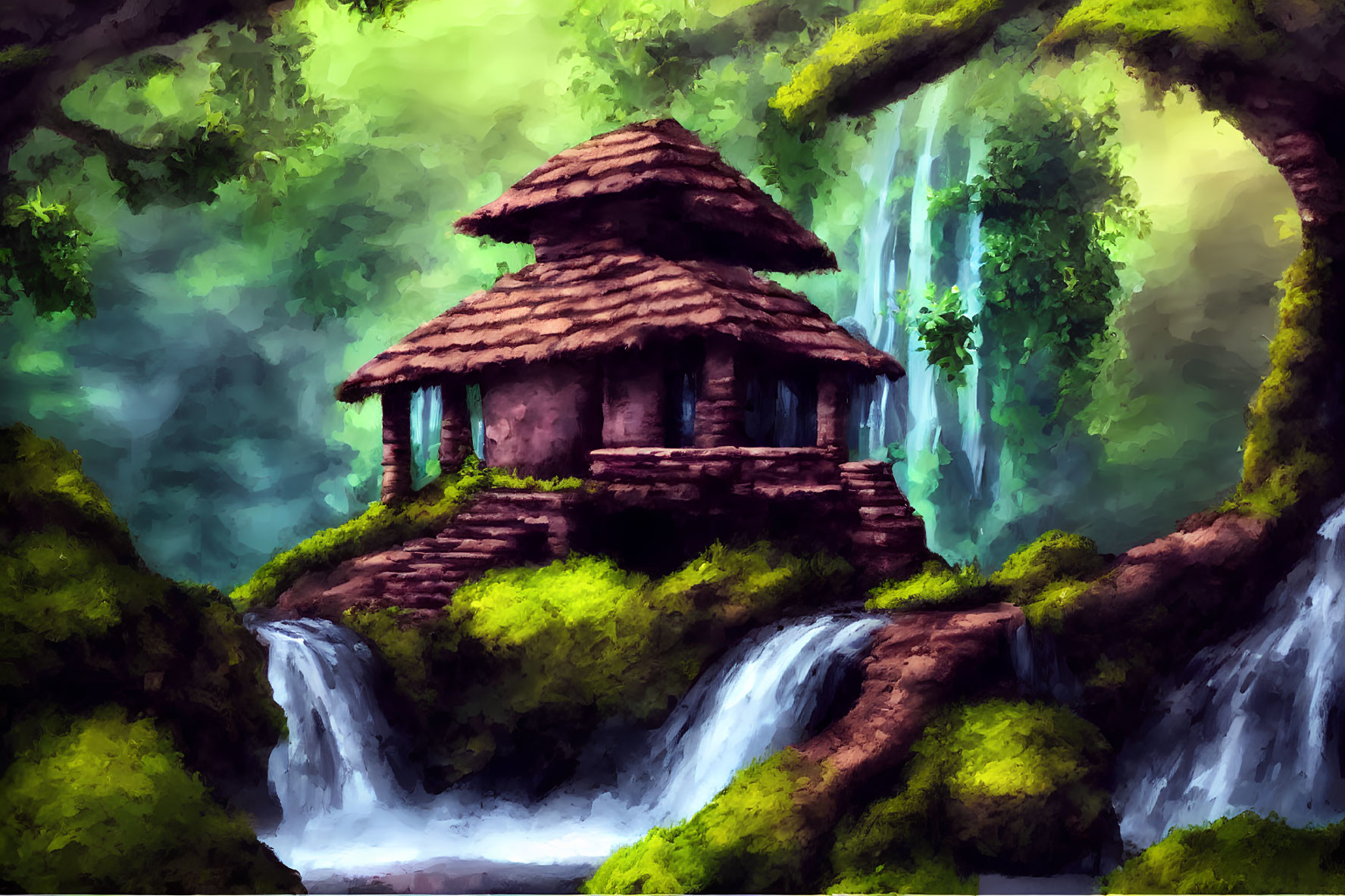 Tranquil digital painting of thatched hut on waterfall