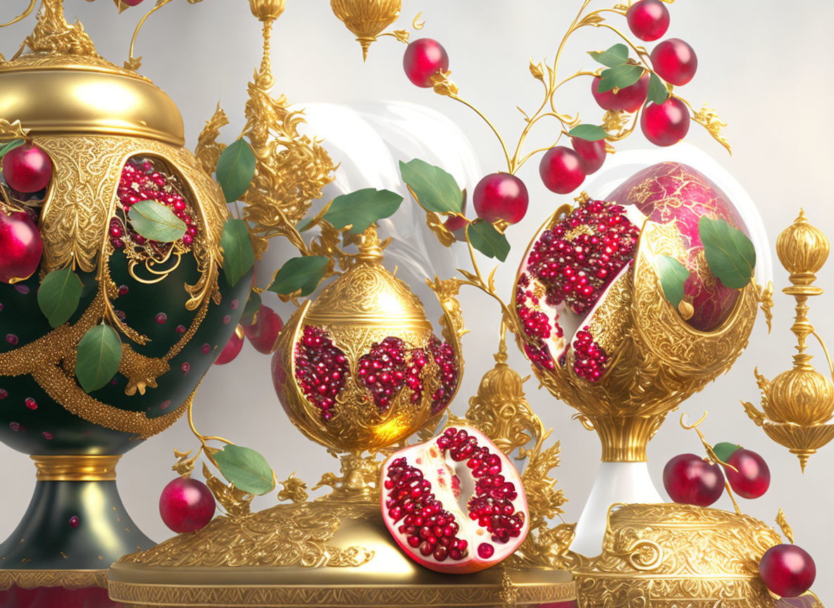 Golden vases with ruby pomegranates and green leaves on light background