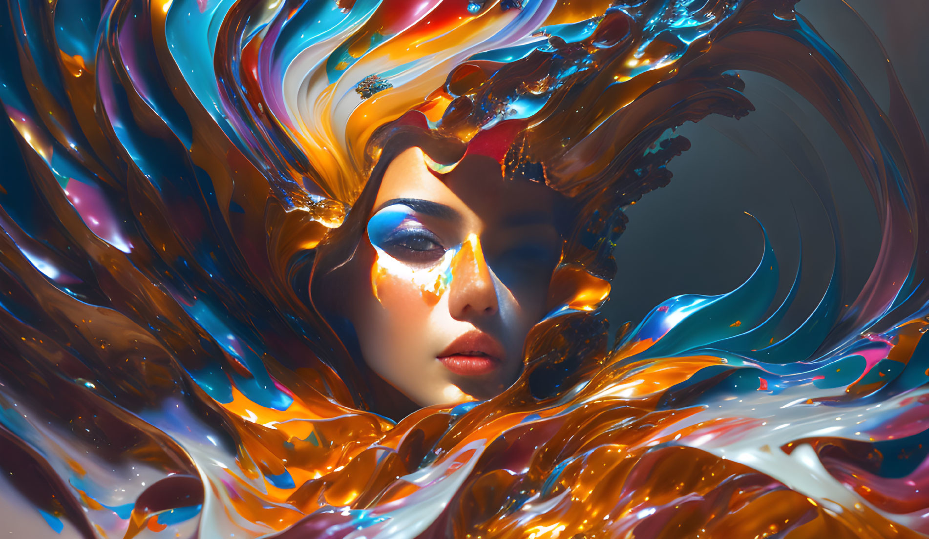 Vibrant surreal portrait of a woman in colorful liquid swirls