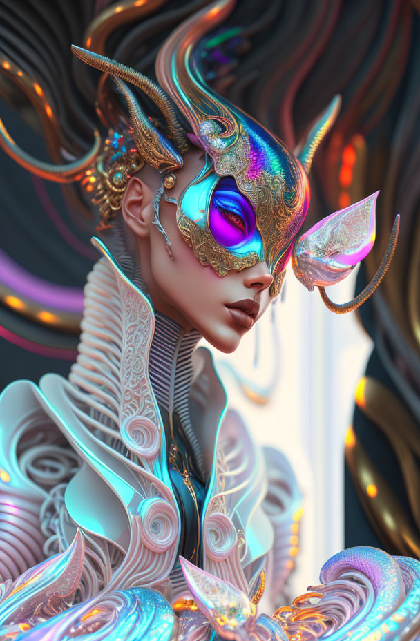 Fantasy makeup and horned mask on person against swirl-patterned backdrop