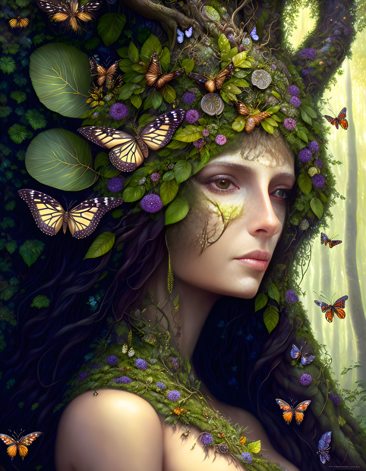 Fantasy portrait of woman with nature-inspired makeup and woodland adornments.