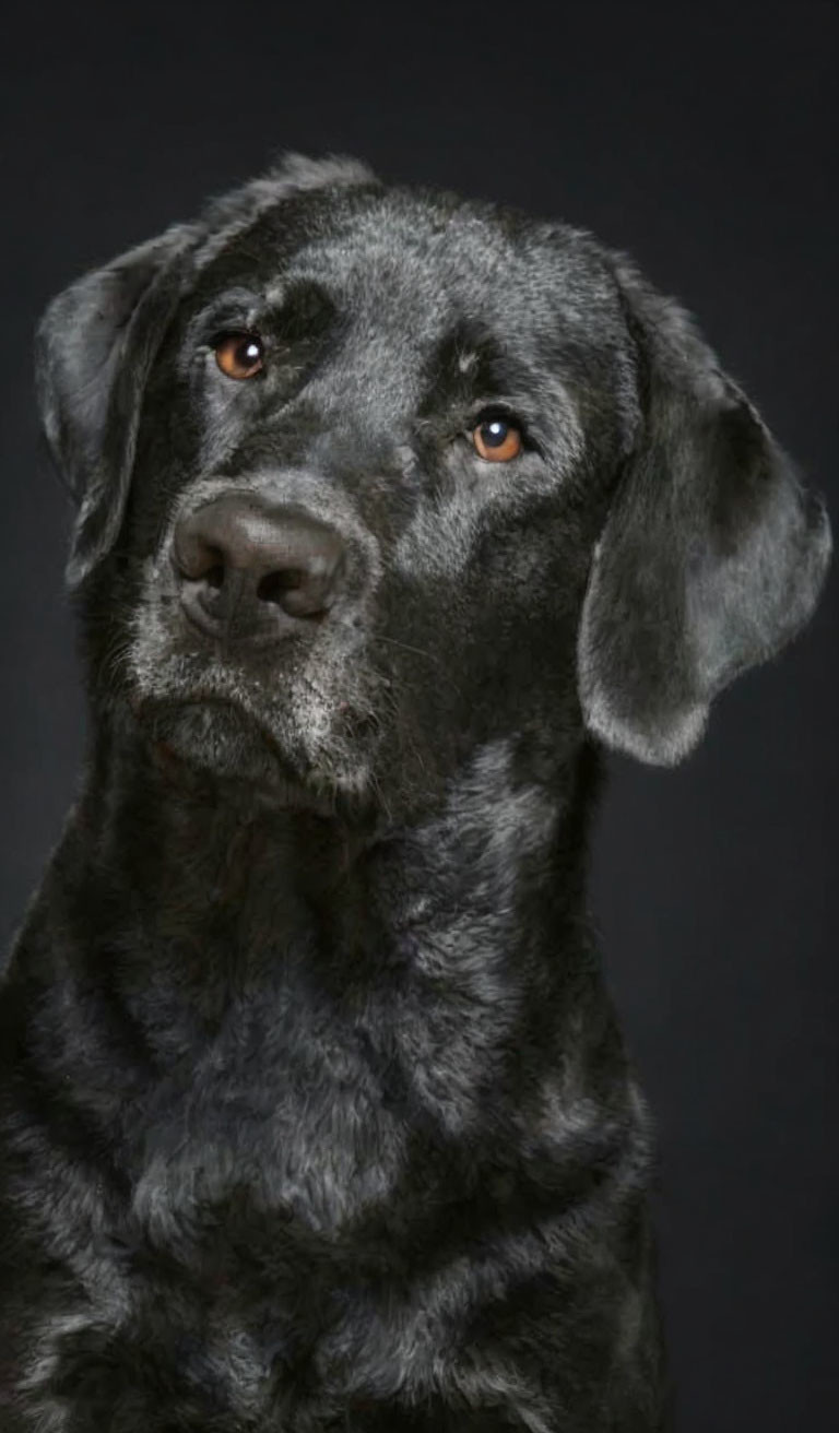 Close-Up Portrait of Black Dog with Thoughtful Expression and Amber Eyes