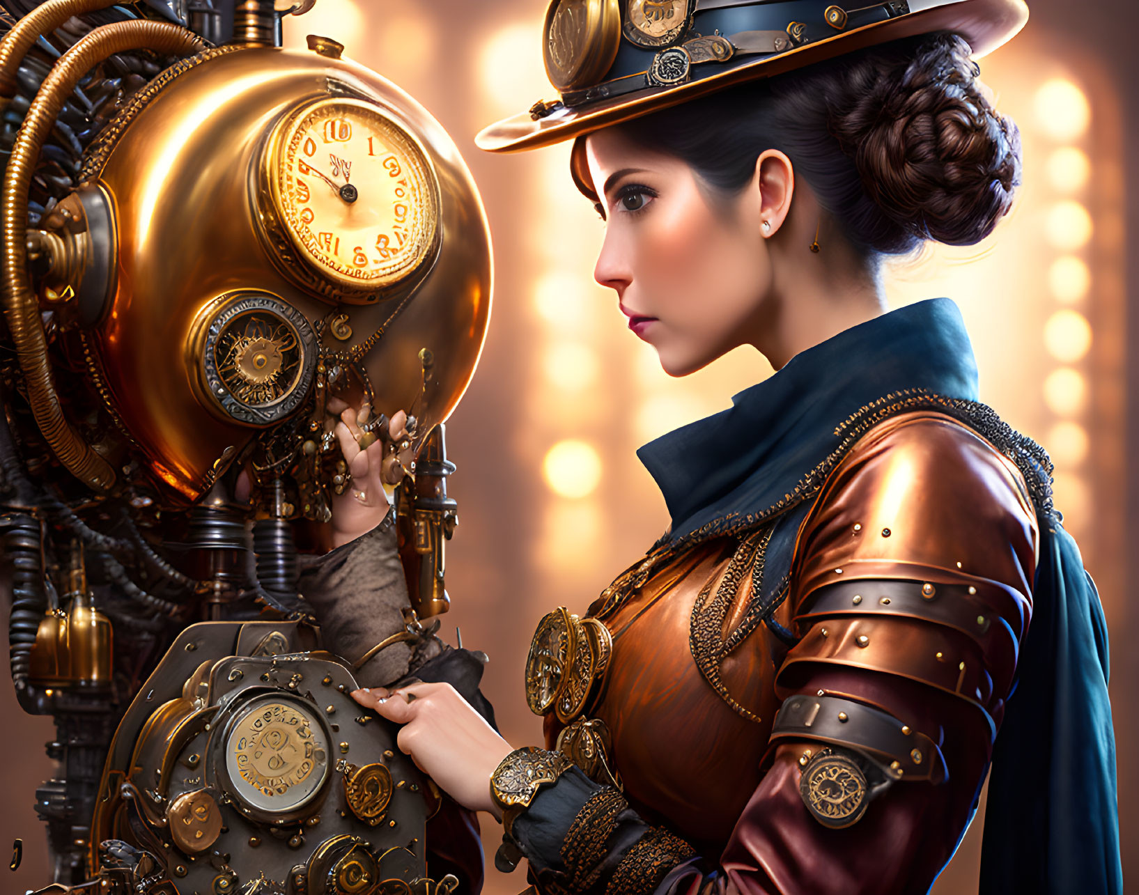 Steampunk-themed woman in top hat with intricate machinery and vintage aesthetic