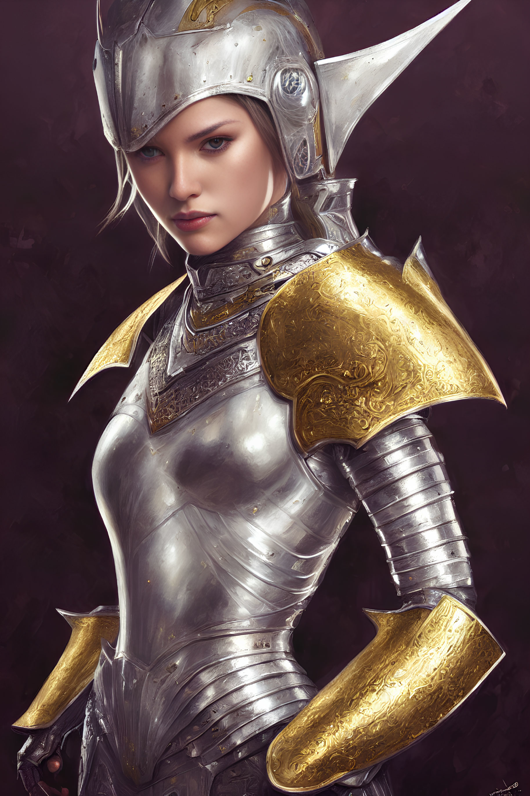Female knight in silver and gold armor with helmet and determined expression