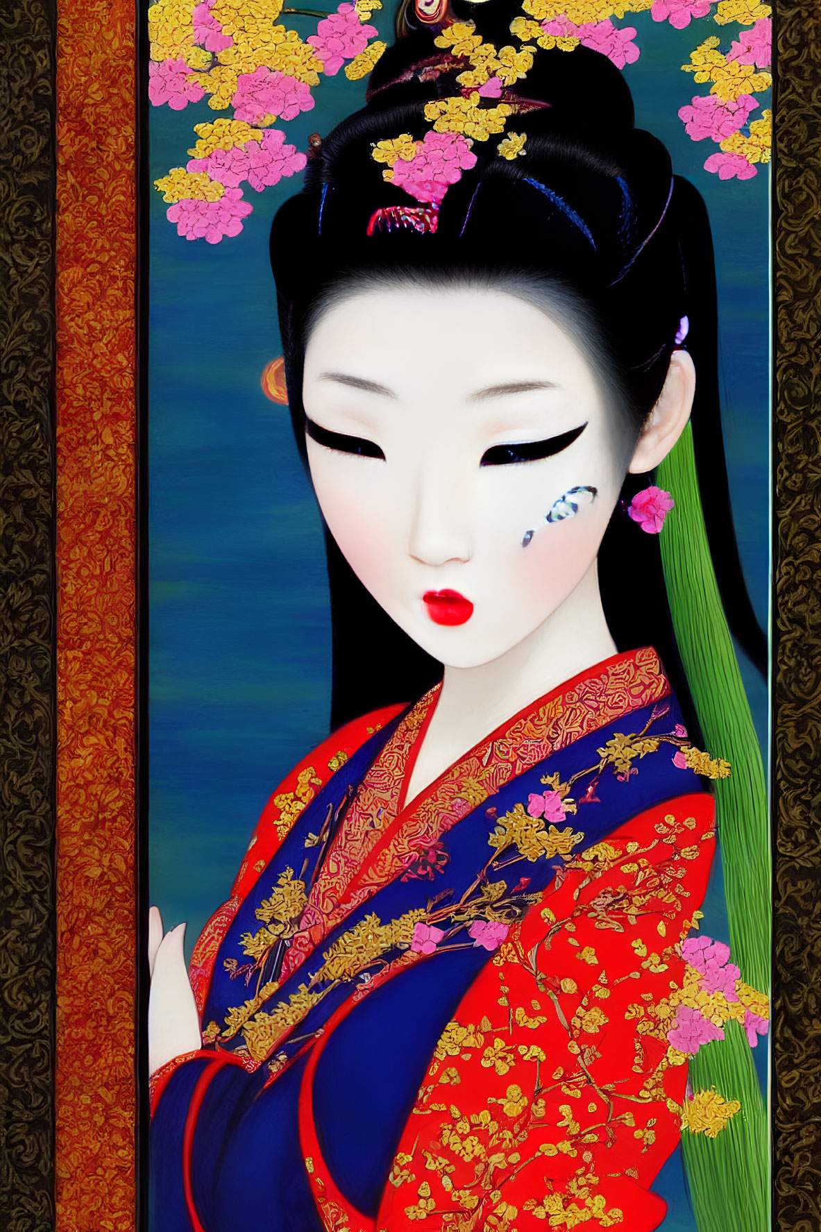 Colorful Geisha Artwork with Elaborate Kimonos and Hairstyle